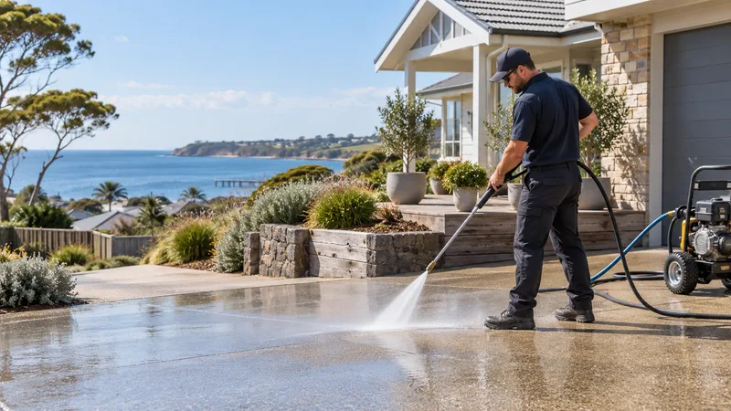 Professional pressure cleaning a concrete driveway at a coastal Bellarine Peninsula home.
