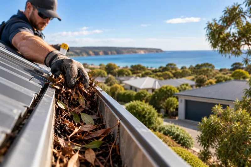 Professional gutter cleaning of leaves and debris from a residential roof gutter on the Bellarine Peninsula, Victoria.