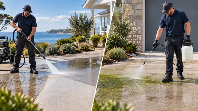 Pressure washing and chemical treatment for outdoor concrete cleaning on a Bellarine property.